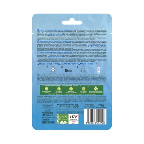 GARNIER Skin Active Mascarilla de tela Hydra Bomb, hidratante y revitalizante, con granada antioxidante, ácido hialurónico.
