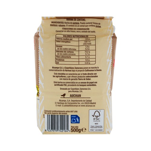 ALCAMPO CULTIVAMOS LO BUENO Harina de centeno para todo tipo de usos 500 g.