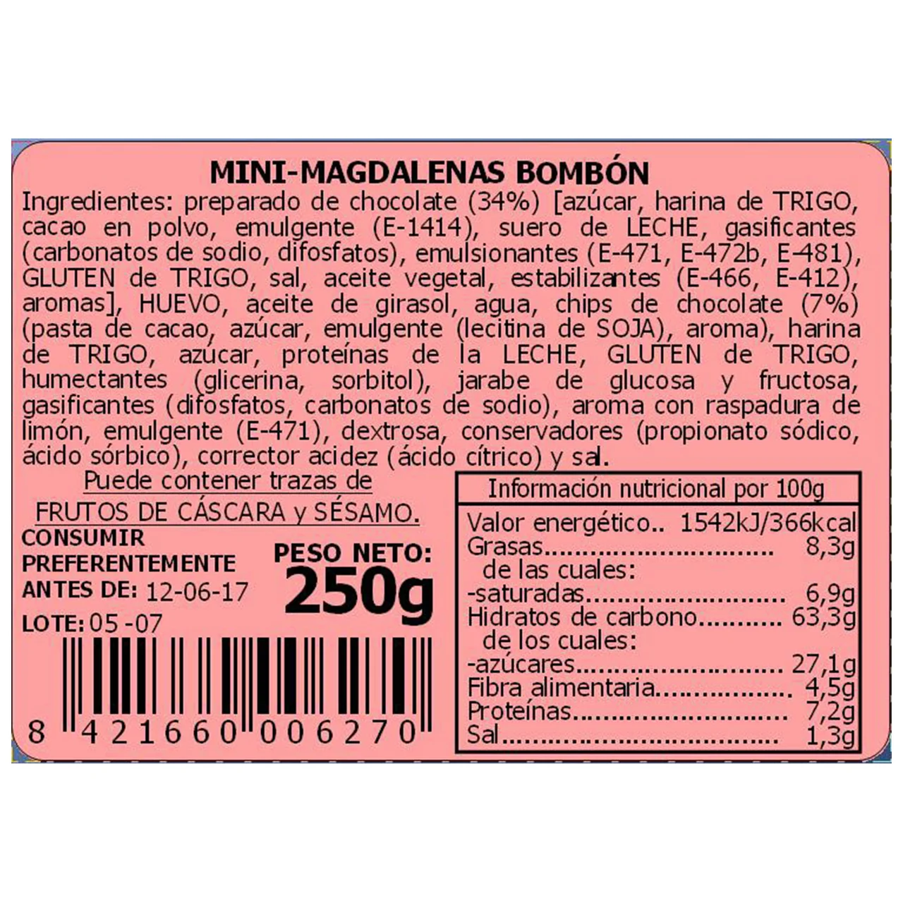 Mini magdalenas bombón choco 200 g.