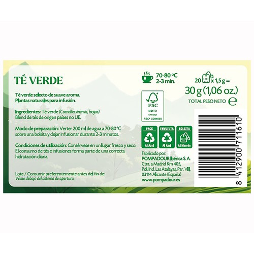 POMPADOUR Té verde 20 uds. 30 g.