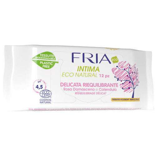 FRIA Eco natural Toallitas para la higiene íntima con extracto de Rosa Damascena y calendula 12 uds.