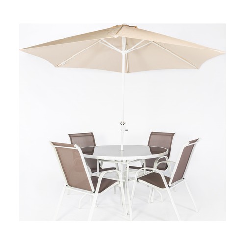 Conjunto de muebles de jardín 4 plazas con mesa, 4 sillas y sombrilla de acero y textileno color marrón/beige, Tirana KACTUS REPUBLIC.