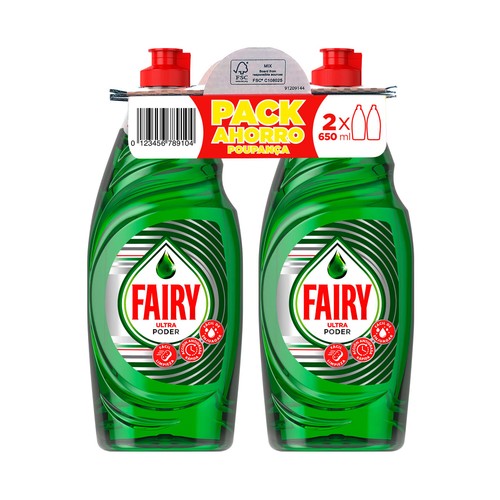 Detergente lavavajillas a mano concentrado FAIRY ULTRA PODER 2 x 650 ml.