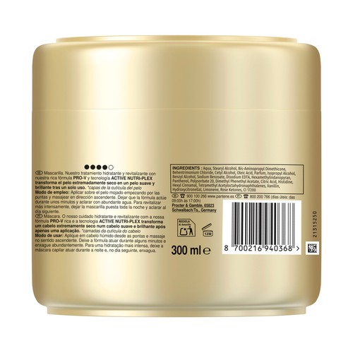 PANTENE Pro-v hydra revitaliza Mascarilla capilar protectora, para cabellos muy muy secos 300 ml.