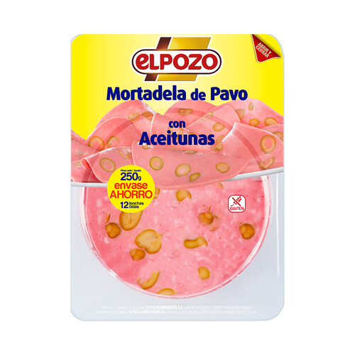 EL POZO Mortadela de pavo con aceitunas, sin gluten y cortada en finas lonchas EL POZO 250 g.