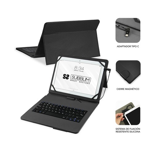 Funda para tablet 10,1" con teclado SUBBLIM Keytab Pro, conexión Micro Usb y Tipo C, función soporte, cierre magnético.