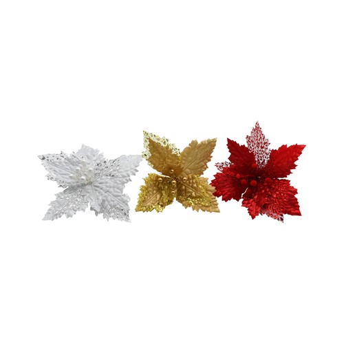 Flor con purpurina blanco, oro o rojo 25x25x5cm modelos surtidos, ACTUEL