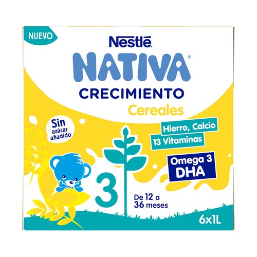 NATIVA Crecimiento de Nestlé Leche (3) de crecimiento con cereales, de 12 a 36 meses 6 x 1 l.