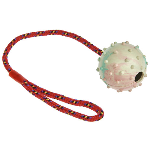 PRODUCTO ALCAMPO Juguete bola de goma de 6.5 cm, con cordón de 45 cm.