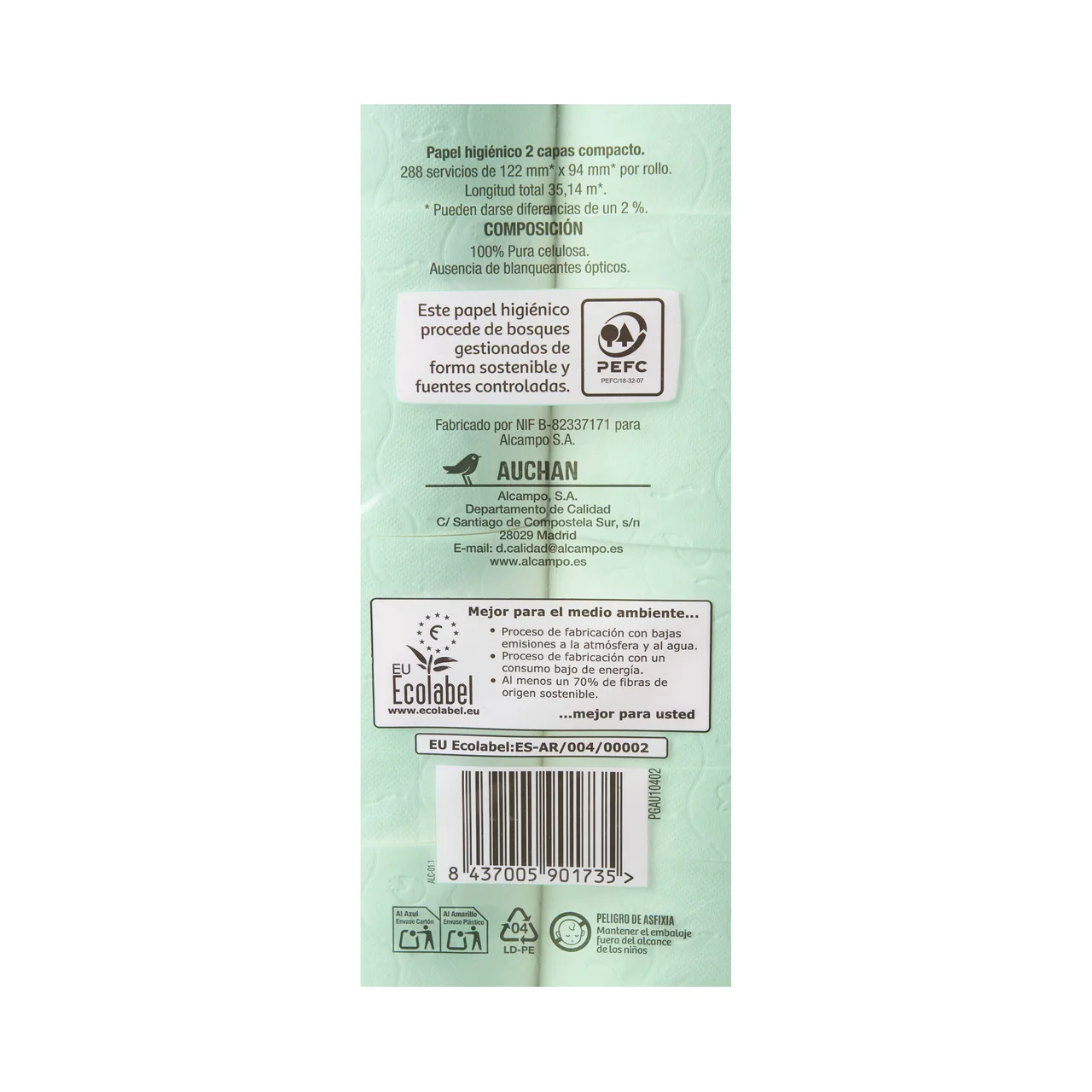 PRODUCTO ALCAMPO Papel higiénico compacto de doble capa con certificado Ecolabel 24 uds.