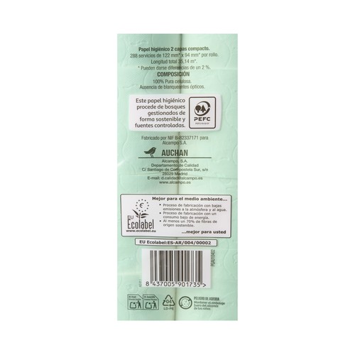 PRODUCTO ALCAMPO Papel higiénico compacto de doble capa con certificado Ecolabel 24 uds.