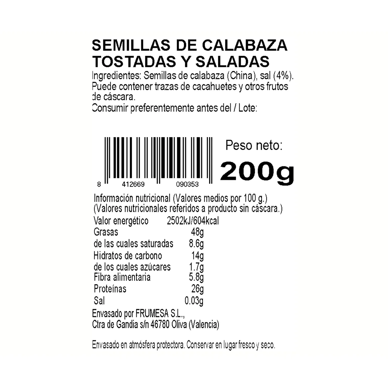 Pipas de calabaza tostadas aguasal sd 200g.