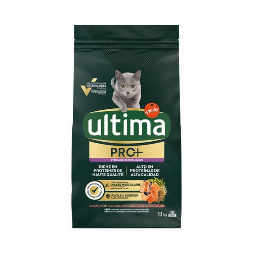 ULTIMA Pro+ Alimentación para gatos esterilizados, de salmón, alto en proteínas y sin azúcares añadidos, 1,1 kg. 