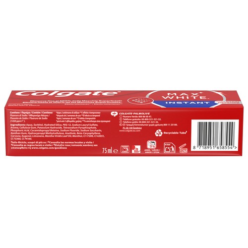 COLGATE Max white instant Pasta de dientes con flúor y acción blanqueante instantánea 75 ml.