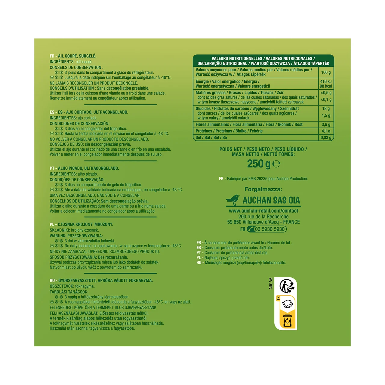 AUCHAN Ajo cortado ultracongelado 250 g Producto Alcampo.