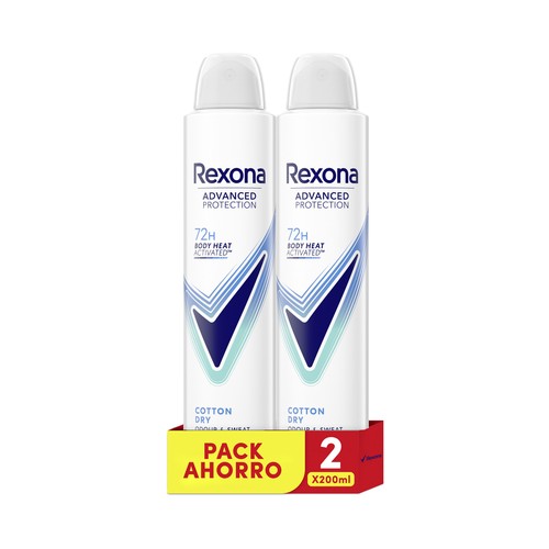 REXONA Advanced protection cotton dry Desodorante en spray para mujer antitranspirante hasta 72 horas 2 x 200 ml.