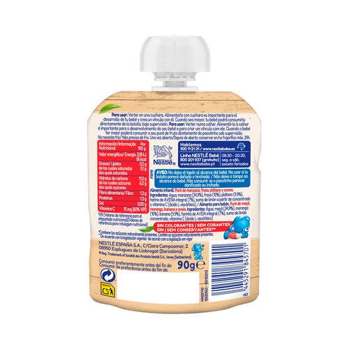 NESTLÉ Bolsita (pouch) de fruta (manzana, fresa y plátano) y avena, a partir de 6 meses 90 g.