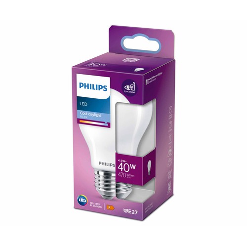 Bombilla Led E27, 4,5W=40W, luz fría 6500K, 470lm, PHILIPS.