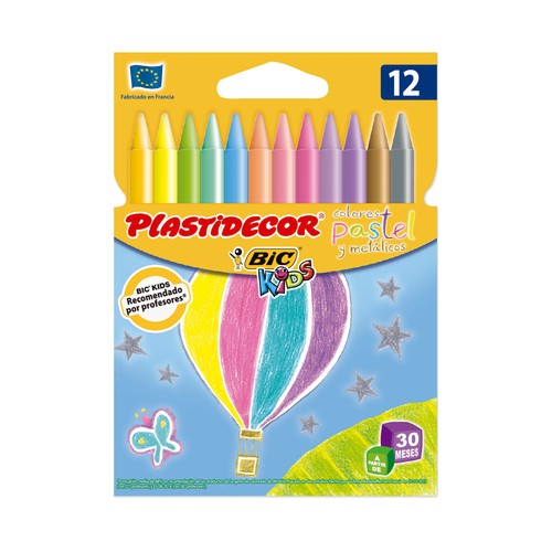 Caja de 12 pinturas de cera de diferentes colores, PLASTIDECOR.