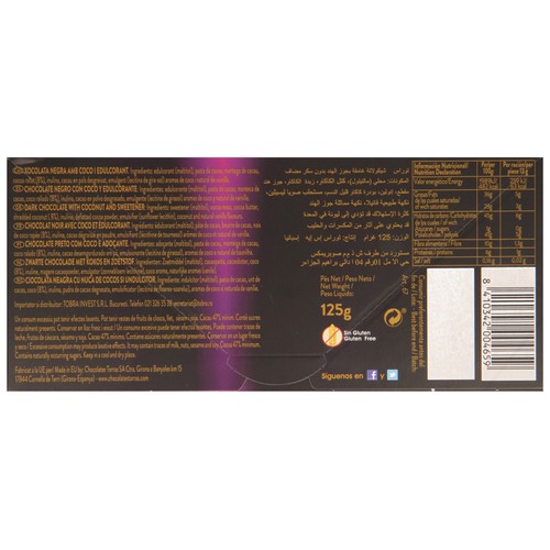 TORRAS Chocolate negro sin azucares añadidos, negro, coco 125 g.