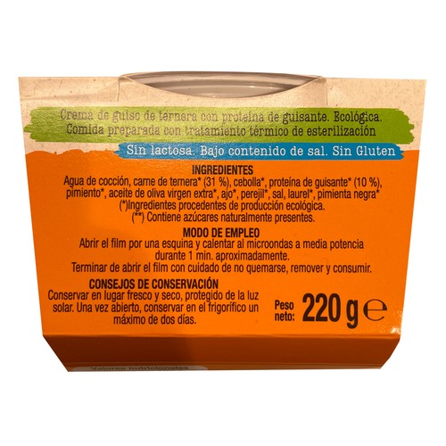 ALCAMPO ECOLÓGICO Crema de guiso con ternera y proteína de guisante 220 g..