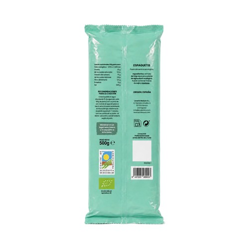 ECOLECERA Pasta espaguetis 100% ecológicos, pasta de sémola de trigo duro de calidad superior 500 g.