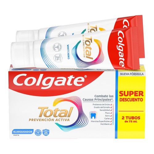 COLGATE Total prevención activa blanqueadora Pasta de dientes con acción blanqueante 2 x 75 ml.