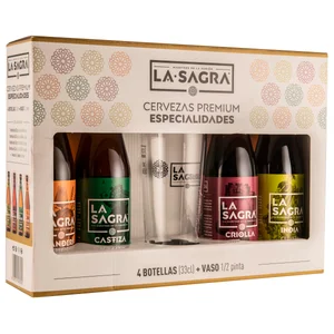 LA SAGRA Especialidades pack de cerveza con vaso incluido 4 botellas de 33 cl.