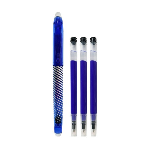 Bolígrafo tinta borrable azul con 3 recambios, ALCAMPO.