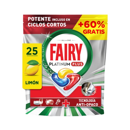 FAIRY Lavavajillas de máquina platinum plus limón 25 cápsulas 60% gr + 338gr 