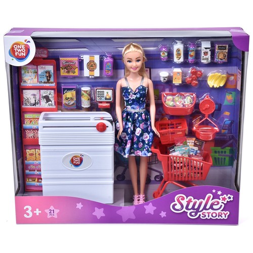 Conjunto Style Story Muñeca en el Supermercado con caja, procuctos y accesorios, 21 piezas +3 Años ONE, TWO FUN