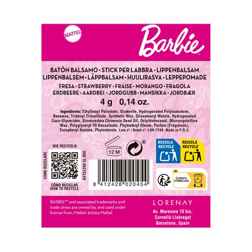 BARBIE Bolso con balsamo labial sabor fresa y body fresh con vaporizador en spray de 100 ml.
