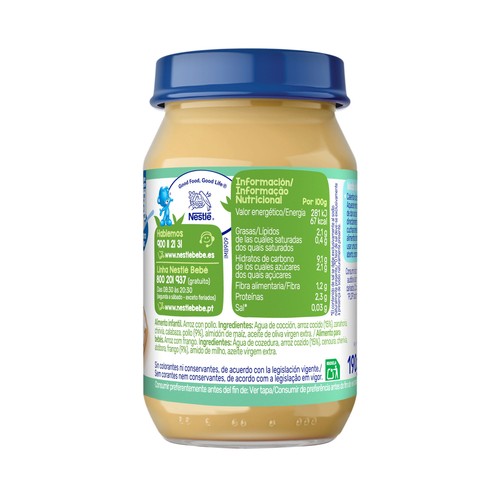 NESTLÉ Tarrito con textura fina de pollo con arroz, a partir de 6 meses 190 g.