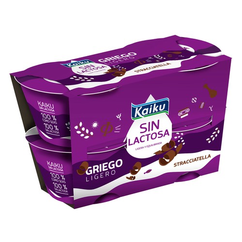 Yogur griego ligero con stracciatella y sin lactosa KAIKU Sin lactosa 4 x 90 g.