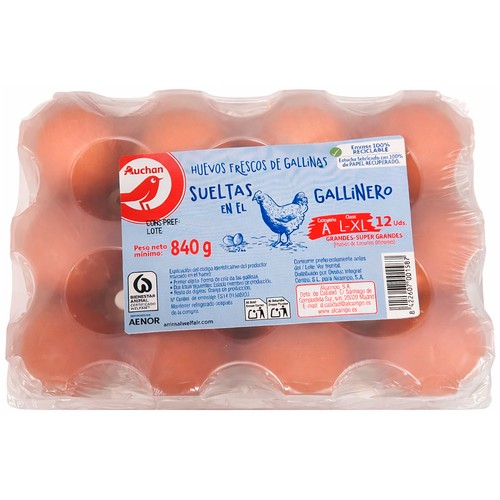 AUCHAN Huevos de gallinas sueltas en el gallinero categoría A y clase L-XL 12 uds. Producto Alcampo.