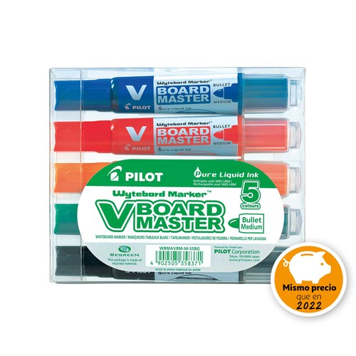 Pack de 5 rotuladores recargables con grosor de 2.3 mm para pizarra blanca, V-BOARD MASTER PILOT.
