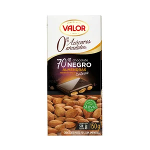 VALOR Chocolate 70% negro con almendras enteras 0% azúcares añadidos 150 g.