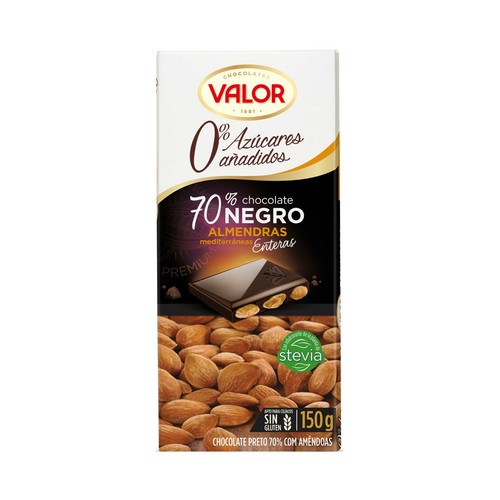 VALOR Chocolate 70% negro con almendras enteras 0% azúcares añadidos 150 g.