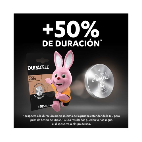 Pack de 2 pilas de botón de litio CR2016, 3V, DURACELL.