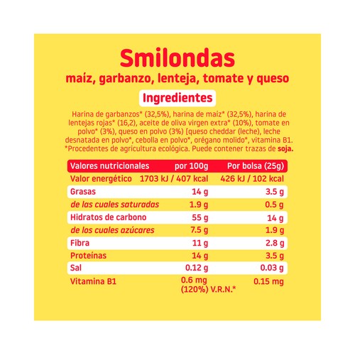 SMILEAT Smilondas Snacks de maiz, garbanzo, lenteja, tomate y queso ecológicos, a partir de 15 meses 25 g.