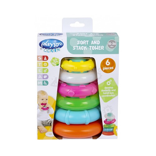 Pirámide de aros apilables con diferentes colores y texturas, PLAYGRO.