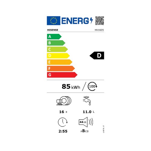 Lavavajillas integrable HISENSE HV16D5, capacidad: 16 servicios, clasificación energética: D, H: 81,6cm, A: 59,8cm, F: 55,5cm.