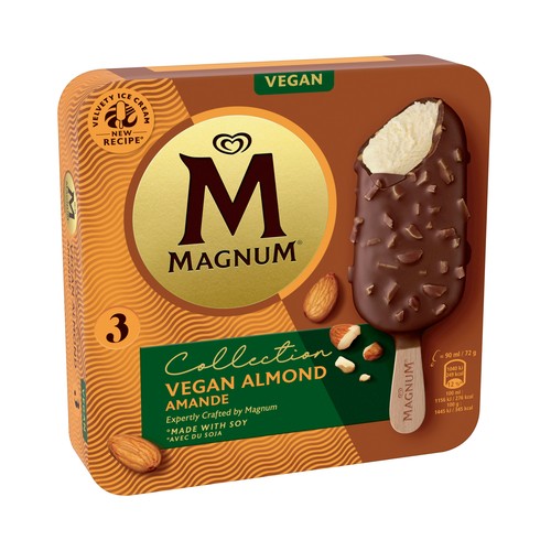 MAGNUM Collection Bómbon a base de soja con helado de vainilla, cubierto de chocolate y trocitos de almendra 3 x 90 ml.