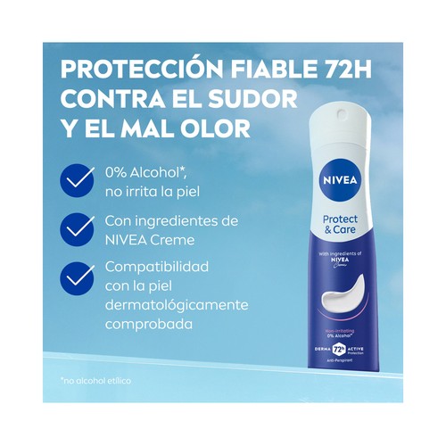 NIVEA Protege & cuida Desodorante en spray para mujer, antitranspirante 72 horas 200 ml.
