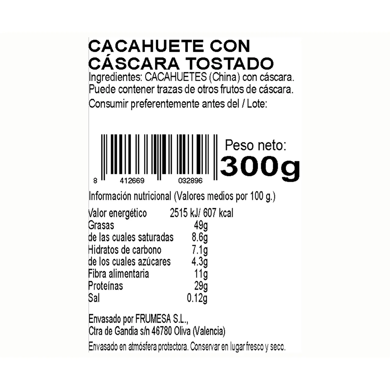 Cacahuete jumbo cáscara tostado 300 g.