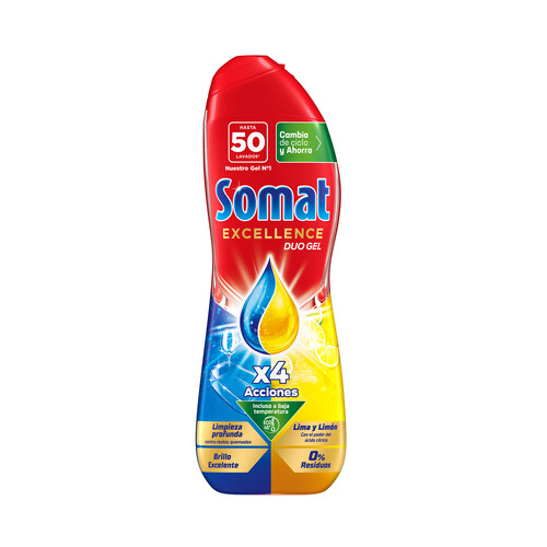 Detergente lavavajillas en gel para máquinas anti- grasa lima y limón SOMAT 50 lav. 900 ml.