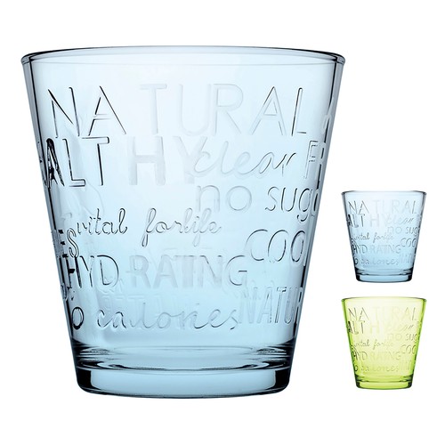Vaso modelo Citypop de vidrio de color azul o amarillo, diseño letras en relieve, 0,24 litros PASABAHCE.