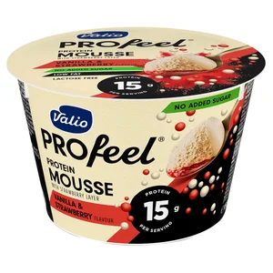 VALIO Profeel Mousse sabor a vainilla y fresa sin azúcares añadidos y con alto contenido en proteínas (15 g) 150 g.