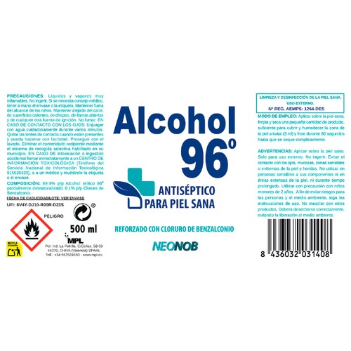NEONOB Alcohol etílico 96º antiséptico para piel sana, reforzado con cloruro de benzalconio 500 ml.