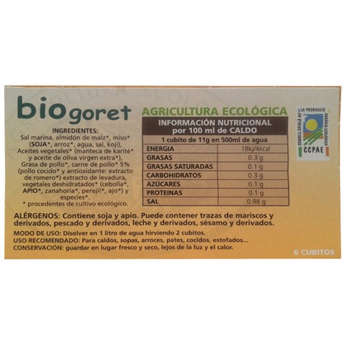 BIOGORET Caldo pollo con verduras ecológico BIOGORET 6 uds. 66 g.